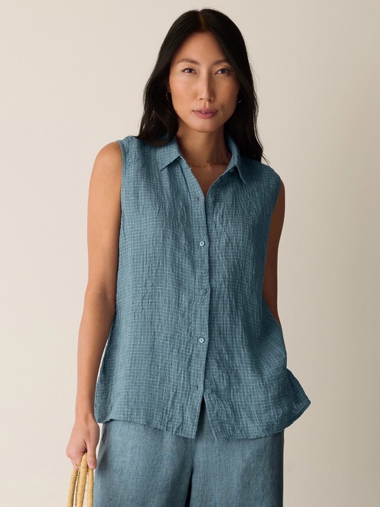 Eileen Fisher Tops - Eileen Fisher Puckered Organic Linen Grid Sleeveless Shirt